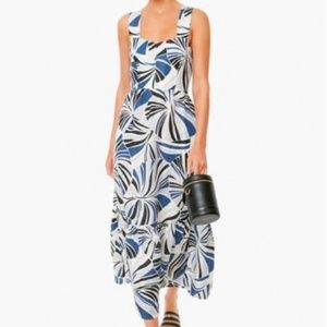 NWT Tuckernuck SZ L Blue Palm Linen Blend Alston Dress Midi Dress Smocked Back